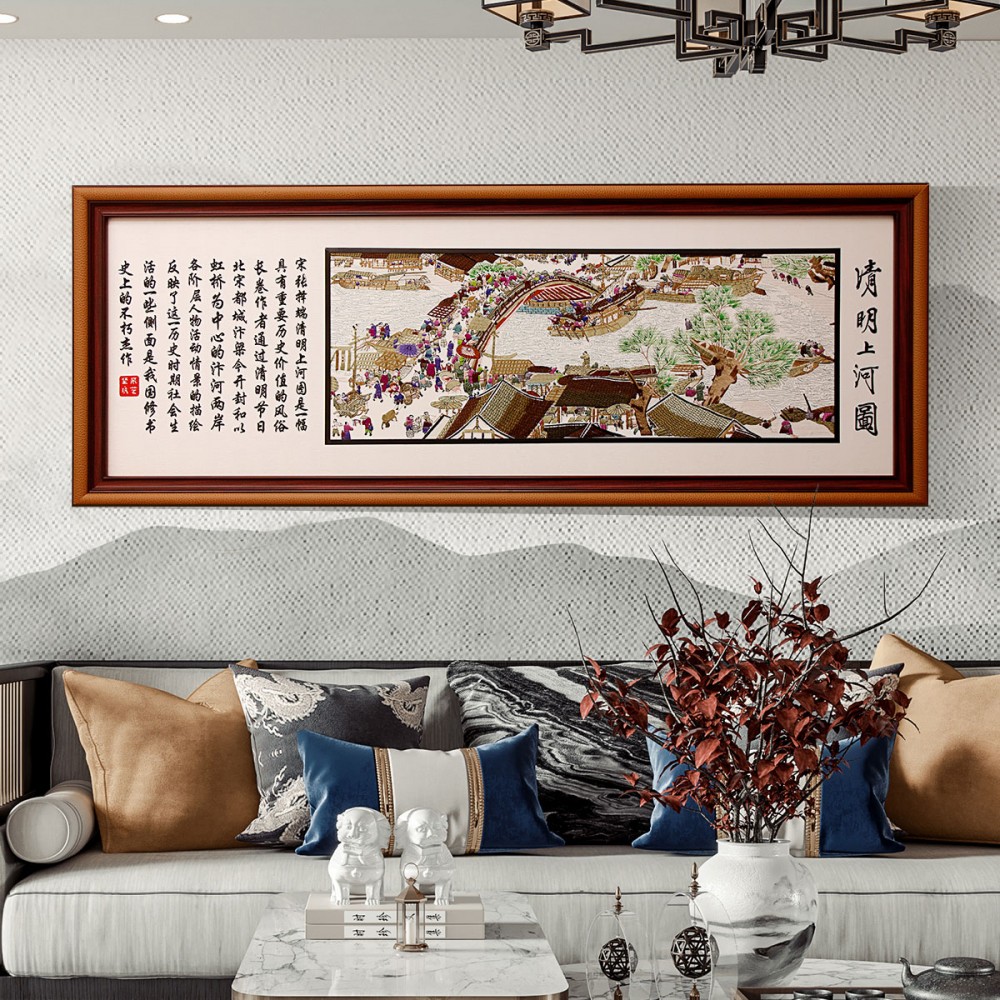 清明上河图现代中国名画餐厅竖版刺绣客厅沙发墙挂画装饰画平面彩印+刺绣铝合金边框壁画